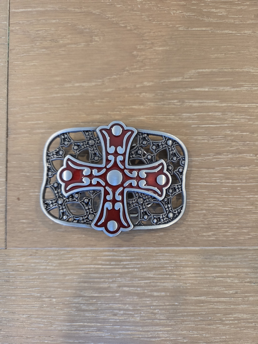 Red Enamel Celtic Cross Filigree Silver Tone Belt Buckle
